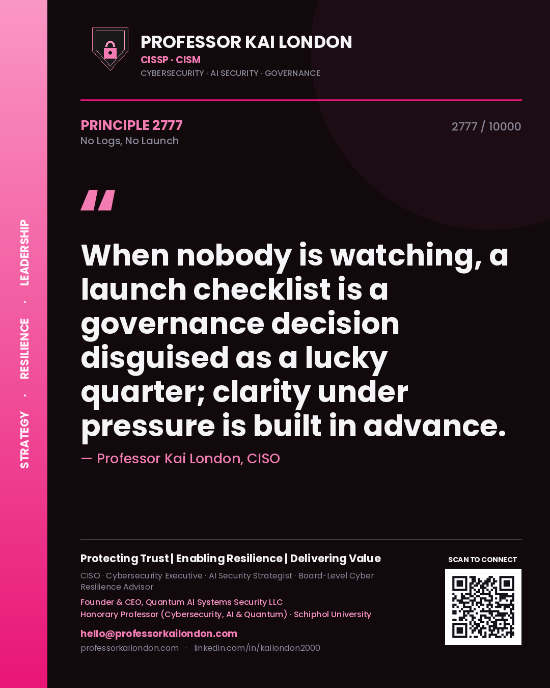Professor Kai London principle 2777: When nobody is watching, a launch checklist is a governance decision disguised as a lucky quarter; clarity under pressure is built in advance.