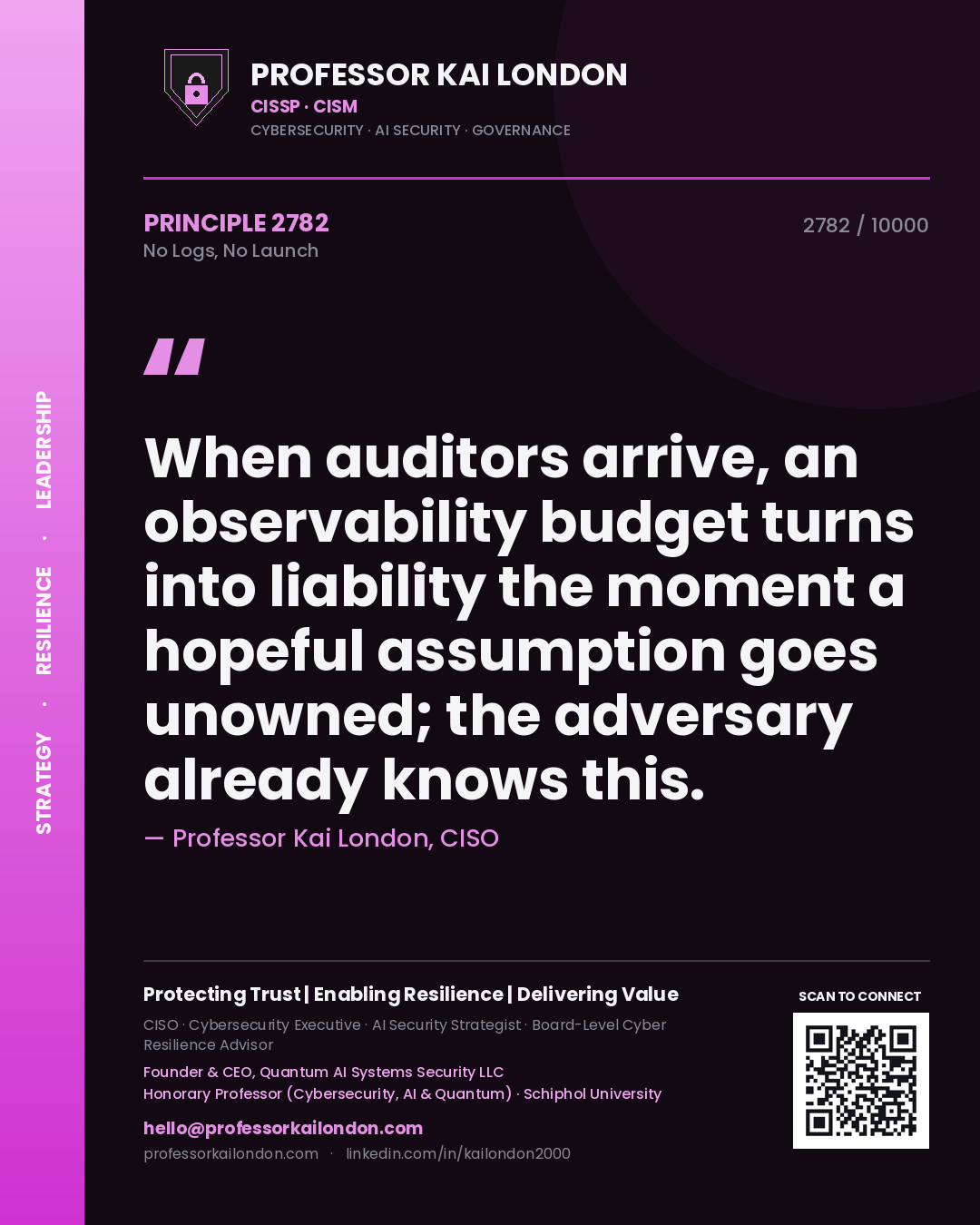 Professor Kai London principle 2782: When auditors arrive, an observability budget turns into liability the moment a hopeful assumption goes unowned; the adversary already knows this.
