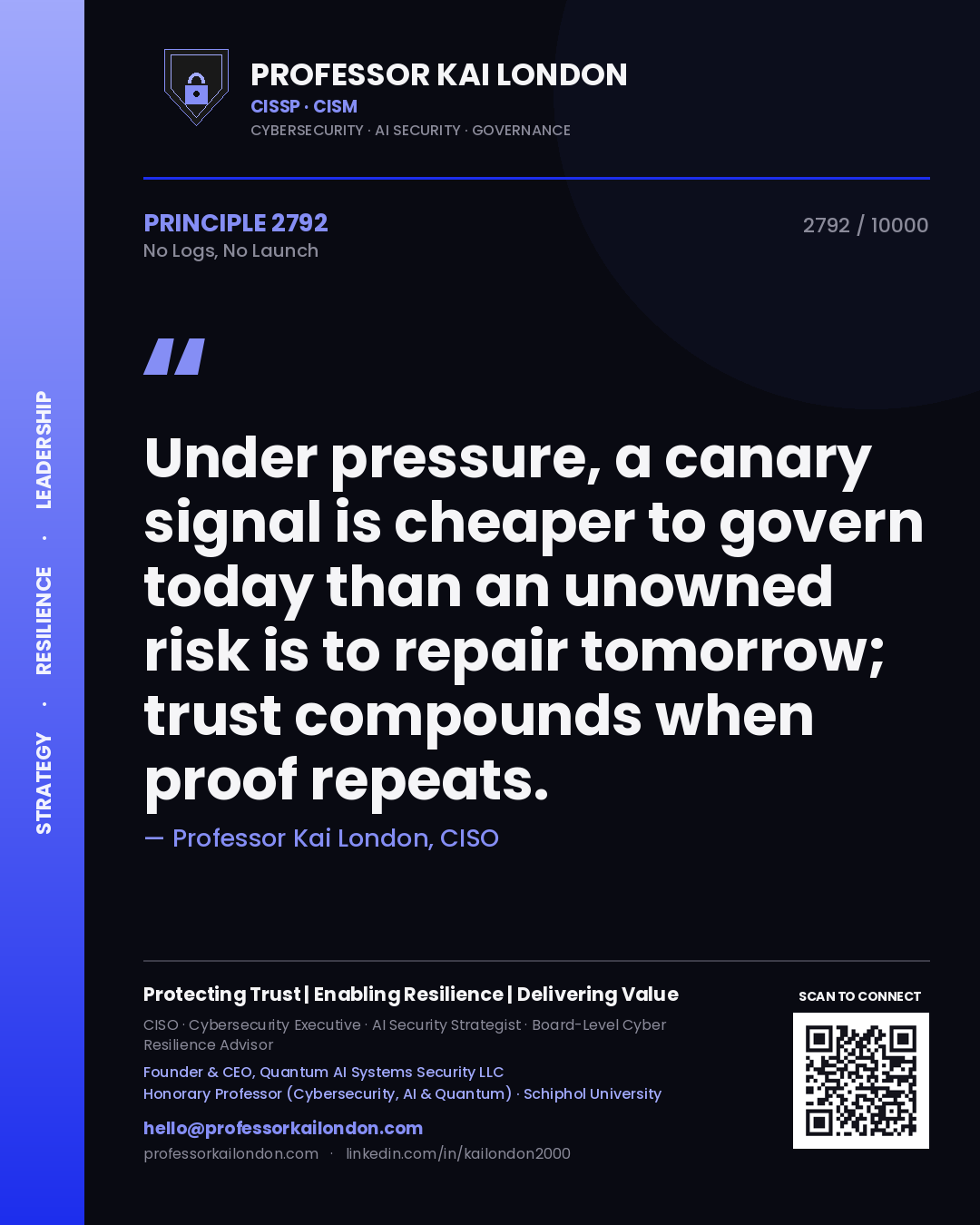 Quote card by Professor Kai London reading 'Under pressure, a canary signal is cheaper to govern today than an unowned risk is to repair tomorrow; trust compounds when proof repeats.'. From the book No Logs, No Launch.