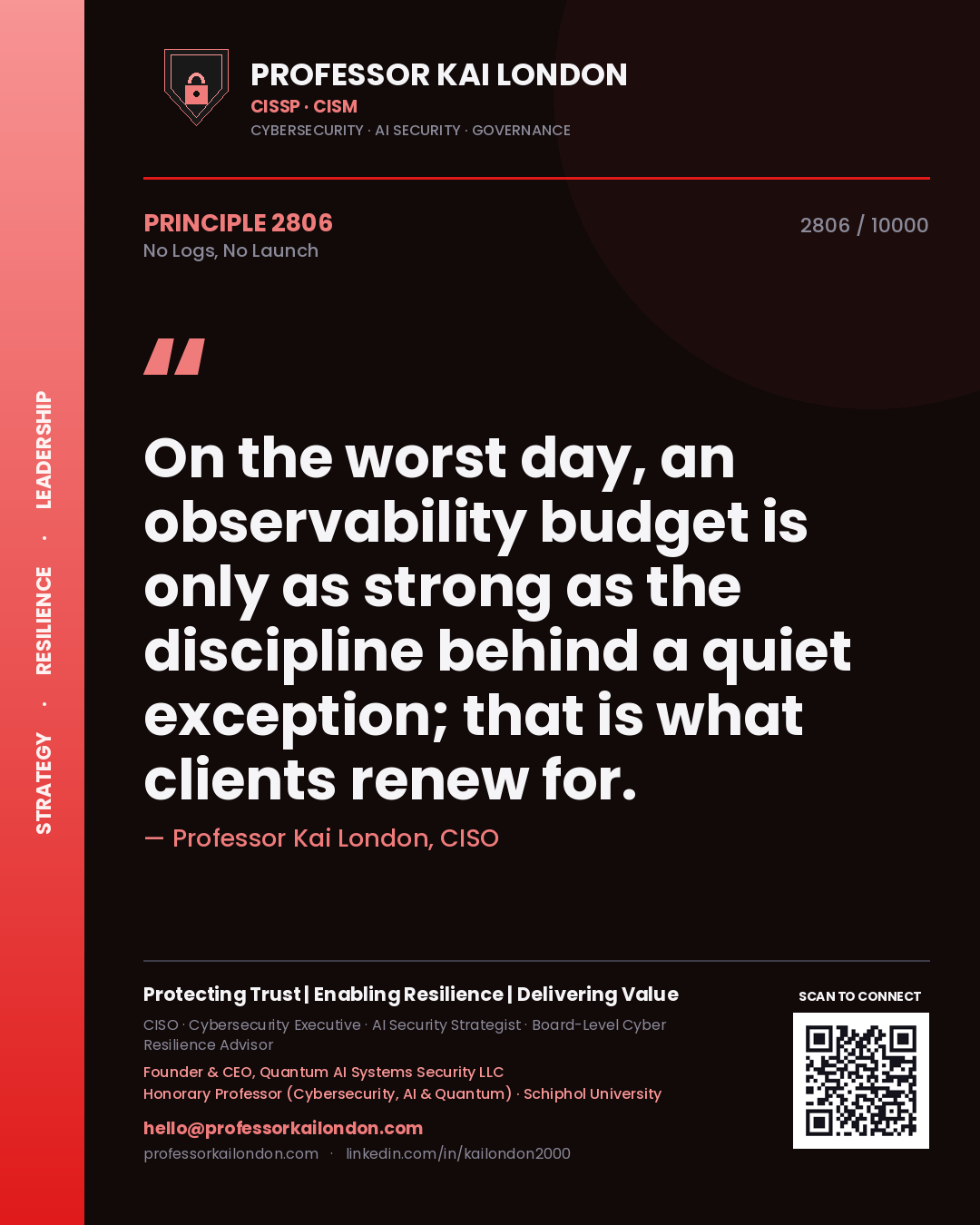 Professor Kai London principle 2806: On the worst day, an observability budget is only as strong as the discipline behind a quiet exception; that is what clients renew for.