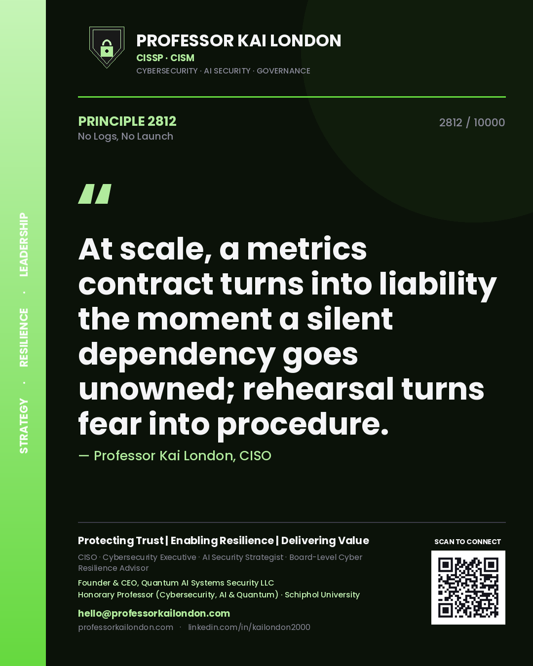 Professor Kai London principle 2812: At scale, a metrics contract turns into liability the moment a silent dependency goes unowned; rehearsal turns fear into procedure.