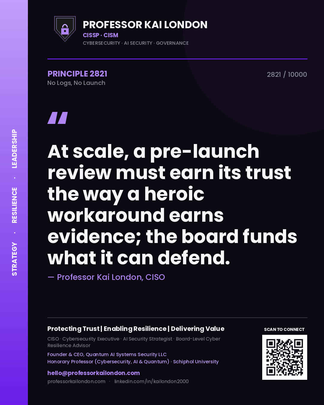Professor Kai London principle 2821: At scale, a pre-launch review must earn its trust the way a heroic workaround earns evidence; the board funds what it can defend.