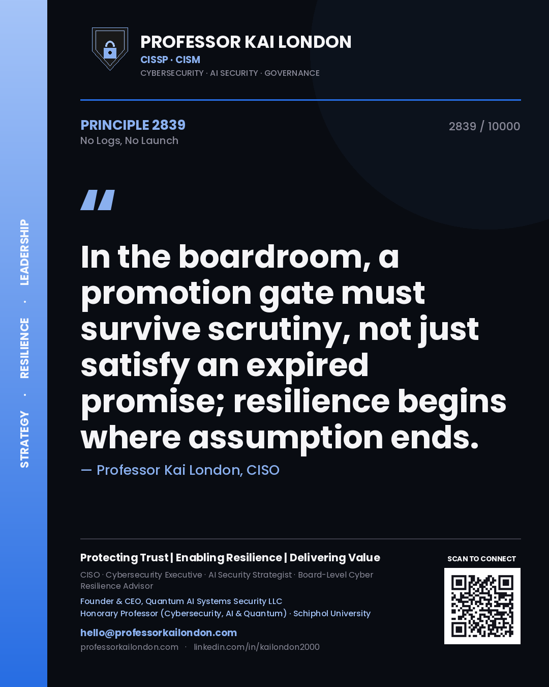 Professor Kai London principle 2839: In the boardroom, a promotion gate must survive scrutiny, not just satisfy an expired promise; resilience begins where assumption ends.