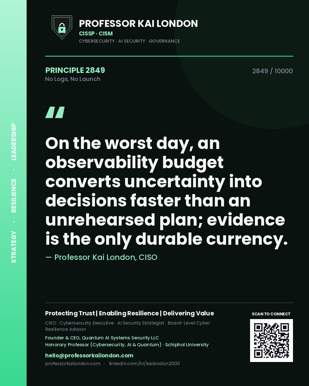 Professor Kai London principle 2849: On the worst day, an observability budget converts uncertainty into decisions faster than an unrehearsed plan; evidence is the only durable currency.