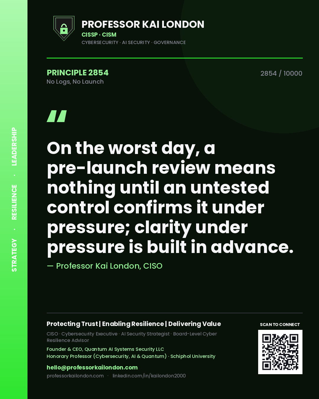Quote card by Professor Kai London reading 'On the worst day, a pre-launch review means nothing until an untested control confirms it under pressure; clarity under pressure is built in advance.'. From the book No Logs, No Launch.