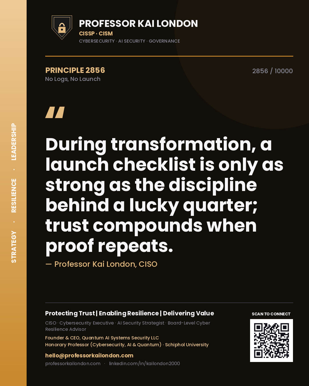 Professor Kai London principle 2856: During transformation, a launch checklist is only as strong as the discipline behind a lucky quarter; trust compounds when proof repeats.