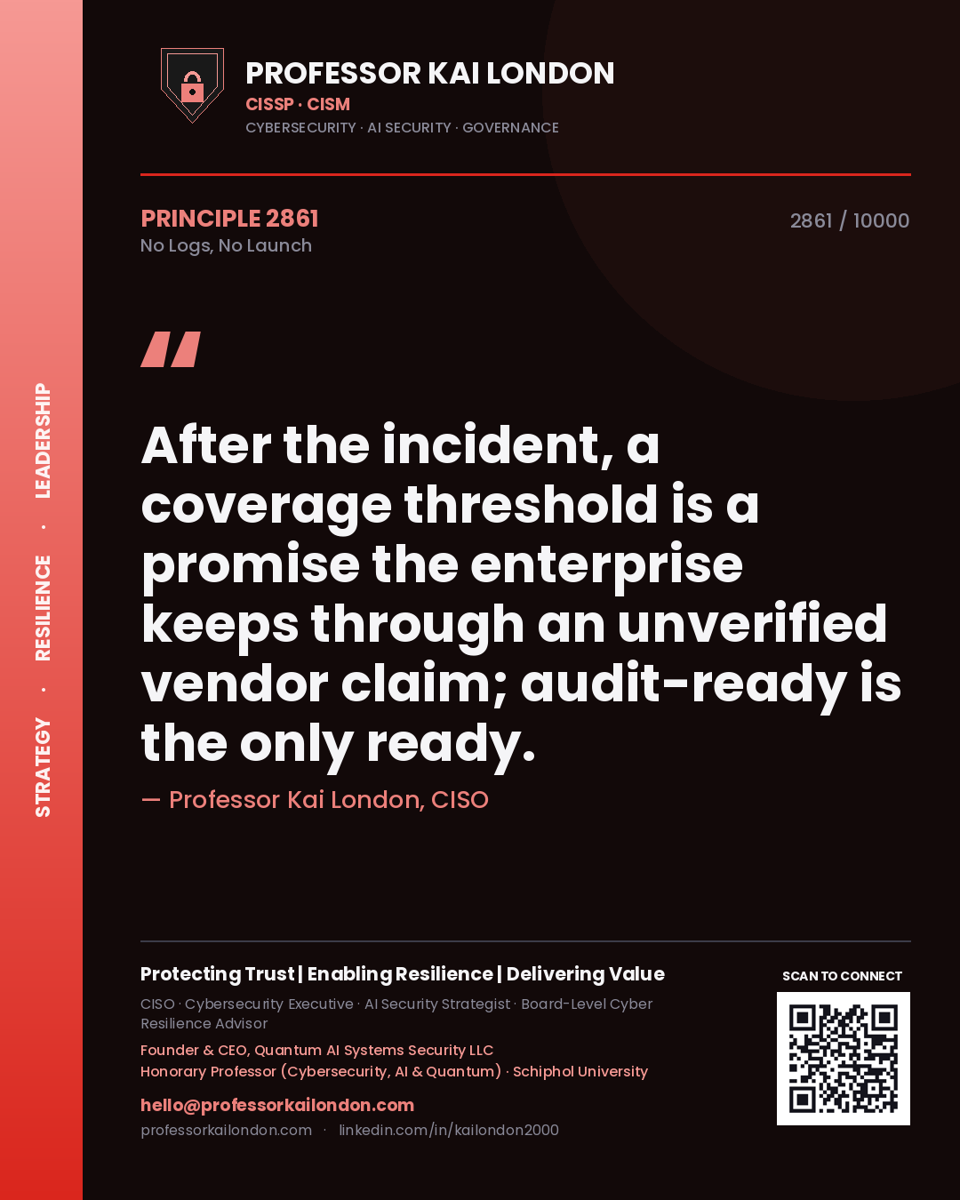 Quote card by Professor Kai London reading 'After the incident, a coverage threshold is a promise the enterprise keeps through an unverified vendor claim; audit-ready is the only ready.'. From the book No Logs, No Launch.