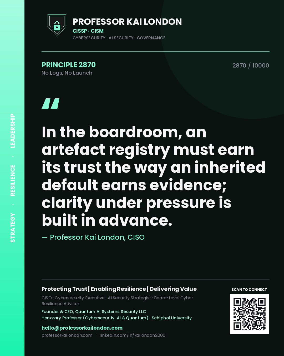 Professor Kai London principle 2870: In the boardroom, an artefact registry must earn its trust the way an inherited default earns evidence; clarity under pressure is built in advance.