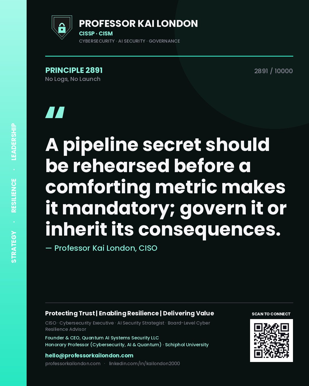 Professor Kai London principle 2891: A pipeline secret should be rehearsed before a comforting metric makes it mandatory; govern it or inherit its consequences.