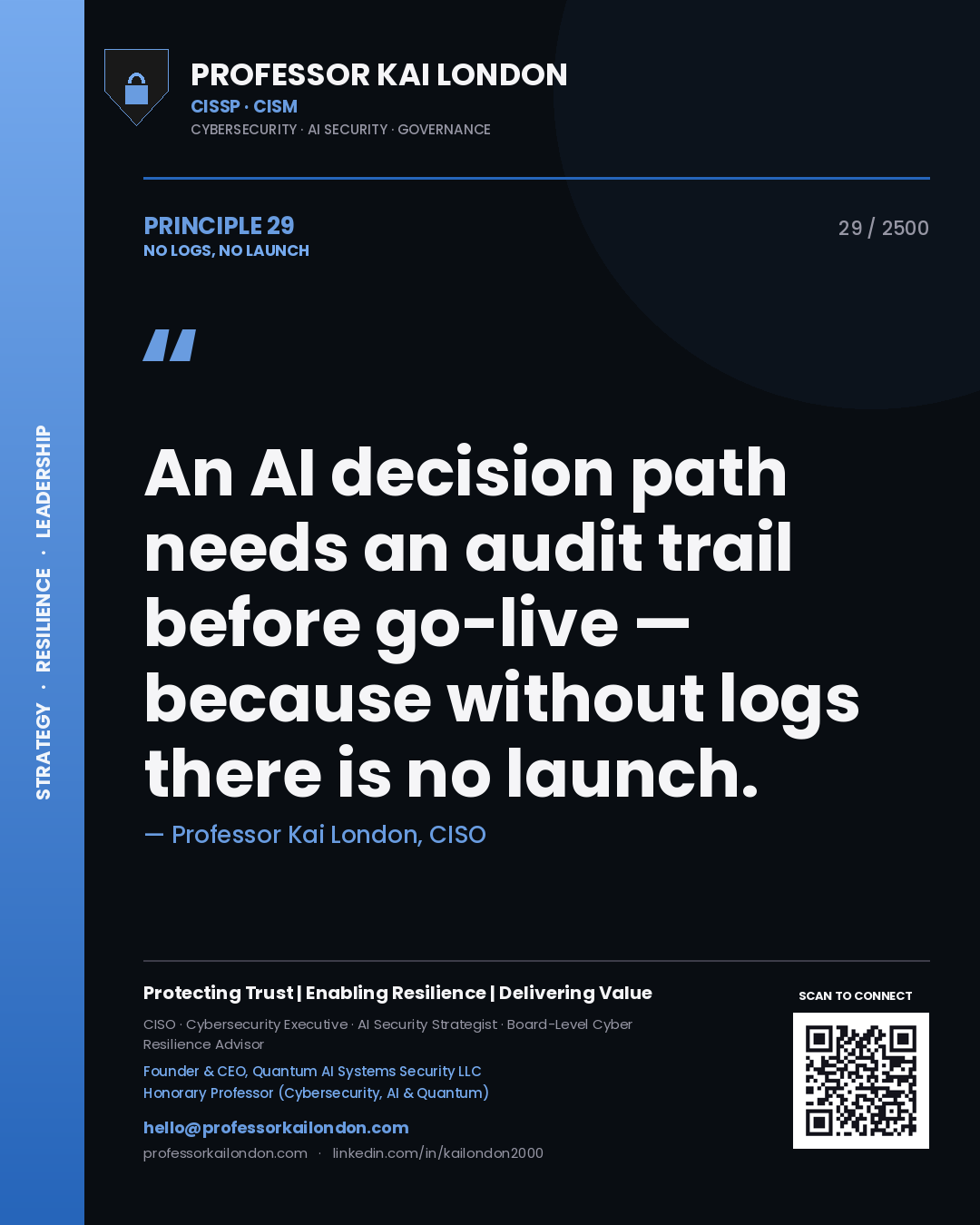 Professor Kai London principle 29: An AI decision path needs an audit trail before go-live — because without logs there is no launch.