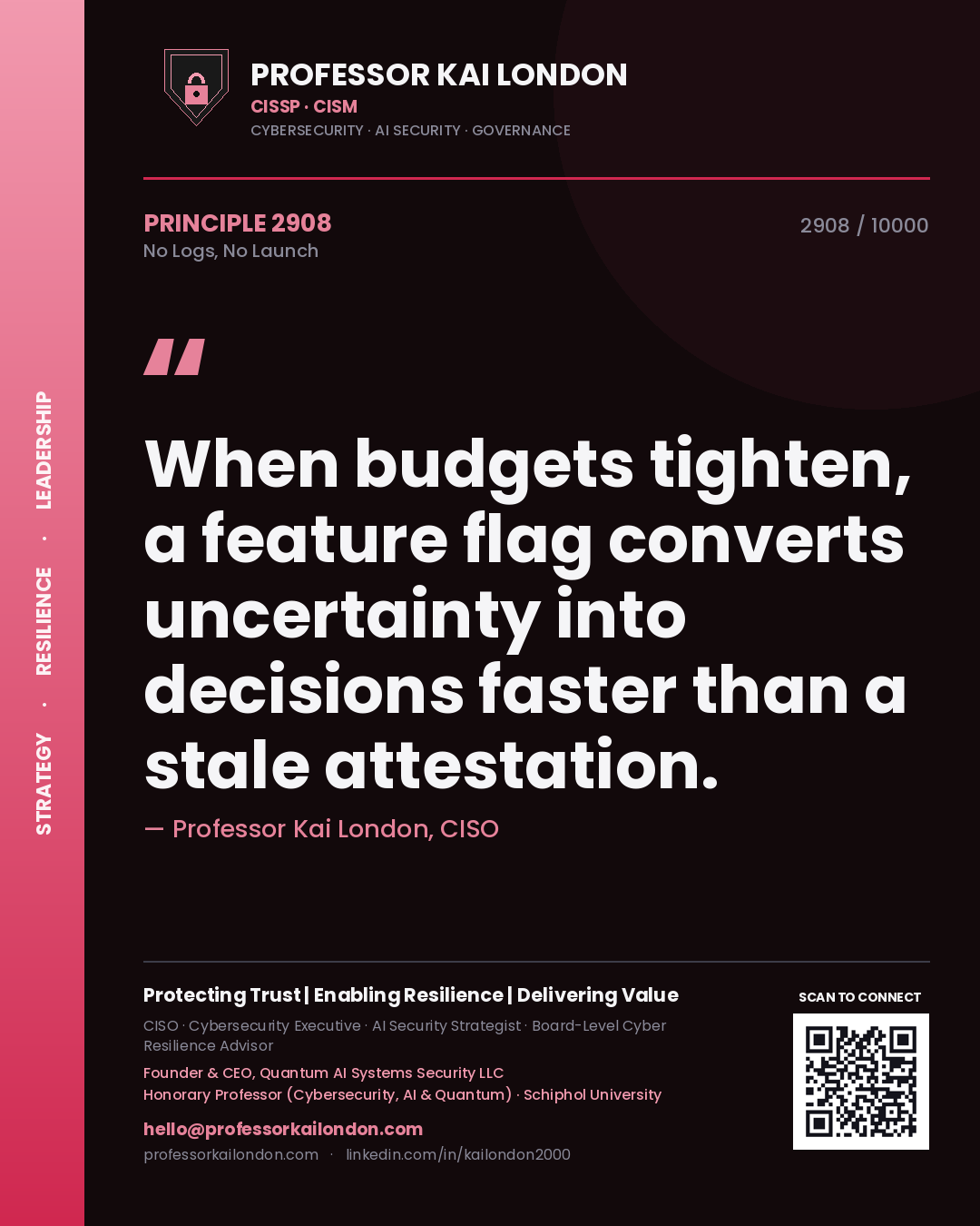 Professor Kai London principle 2908: When budgets tighten, a feature flag converts uncertainty into decisions faster than a stale attestation.