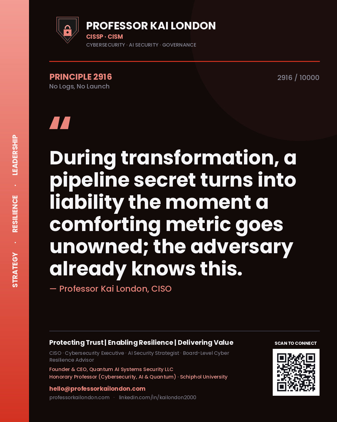 Professor Kai London principle 2916: During transformation, a pipeline secret turns into liability the moment a comforting metric goes unowned; the adversary already knows this.
