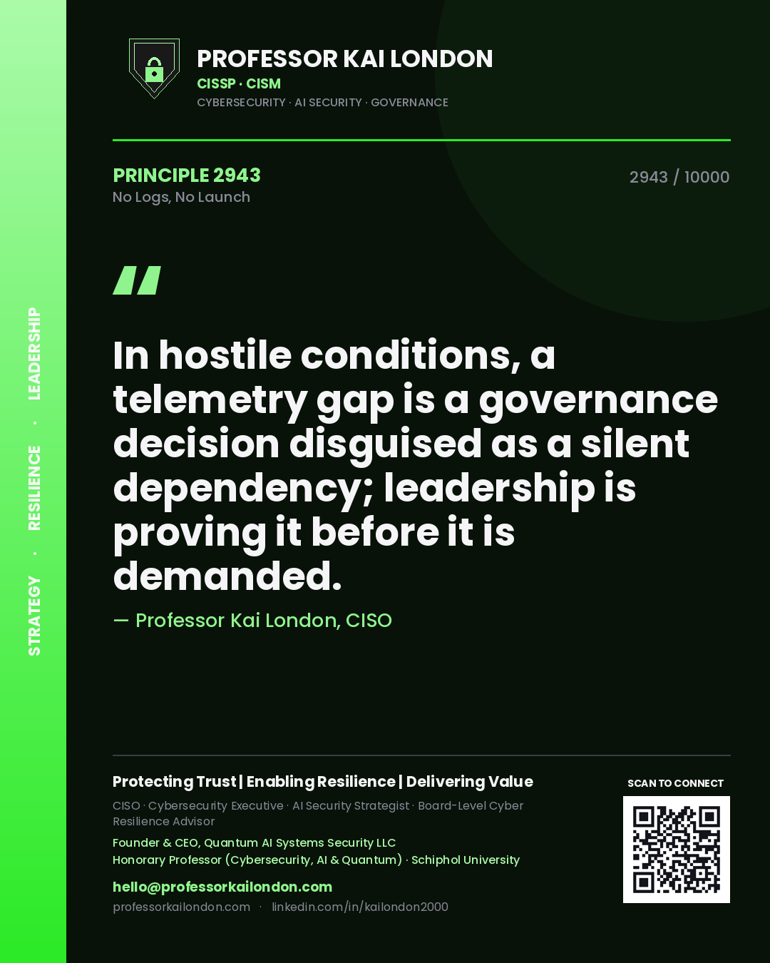 Quote card by Professor Kai London reading 'In hostile conditions, a telemetry gap is a governance decision disguised as a silent dependency; leadership is proving it before it is demanded.'. From the book No Logs, No Launch.