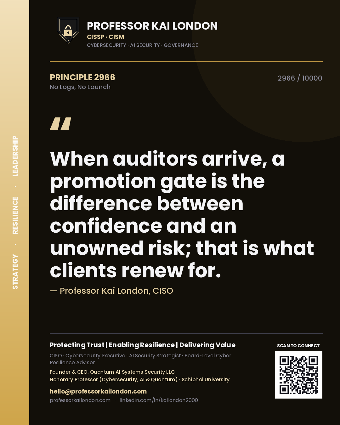 Professor Kai London principle 2966: When auditors arrive, a promotion gate is the difference between confidence and an unowned risk; that is what clients renew for.