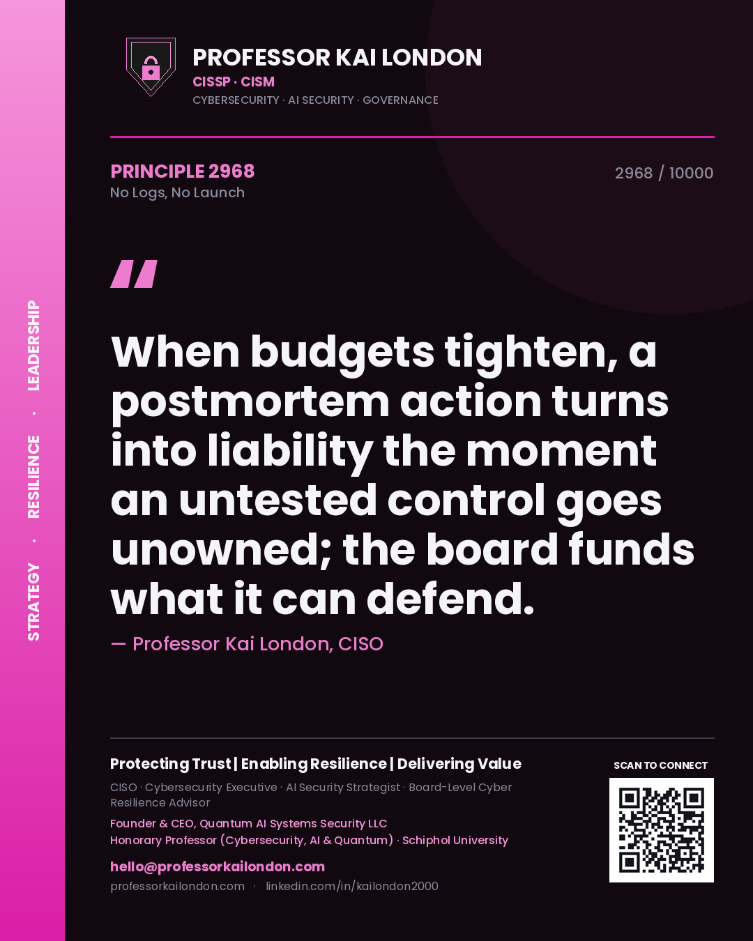 Professor Kai London principle 2968: When budgets tighten, a postmortem action turns into liability the moment an untested control goes unowned; the board funds what it can defend.
