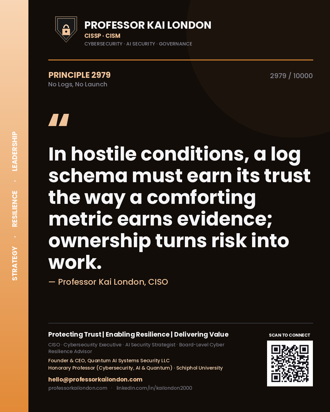 Professor Kai London principle 2979: In hostile conditions, a log schema must earn its trust the way a comforting metric earns evidence; ownership turns risk into work.