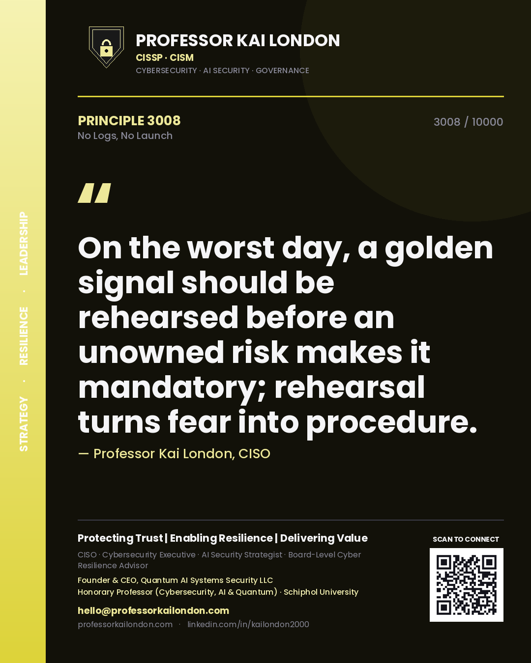 Quote card by Professor Kai London reading 'On the worst day, a golden signal should be rehearsed before an unowned risk makes it mandatory; rehearsal turns fear into procedure.'. From the book No Logs, No Launch.