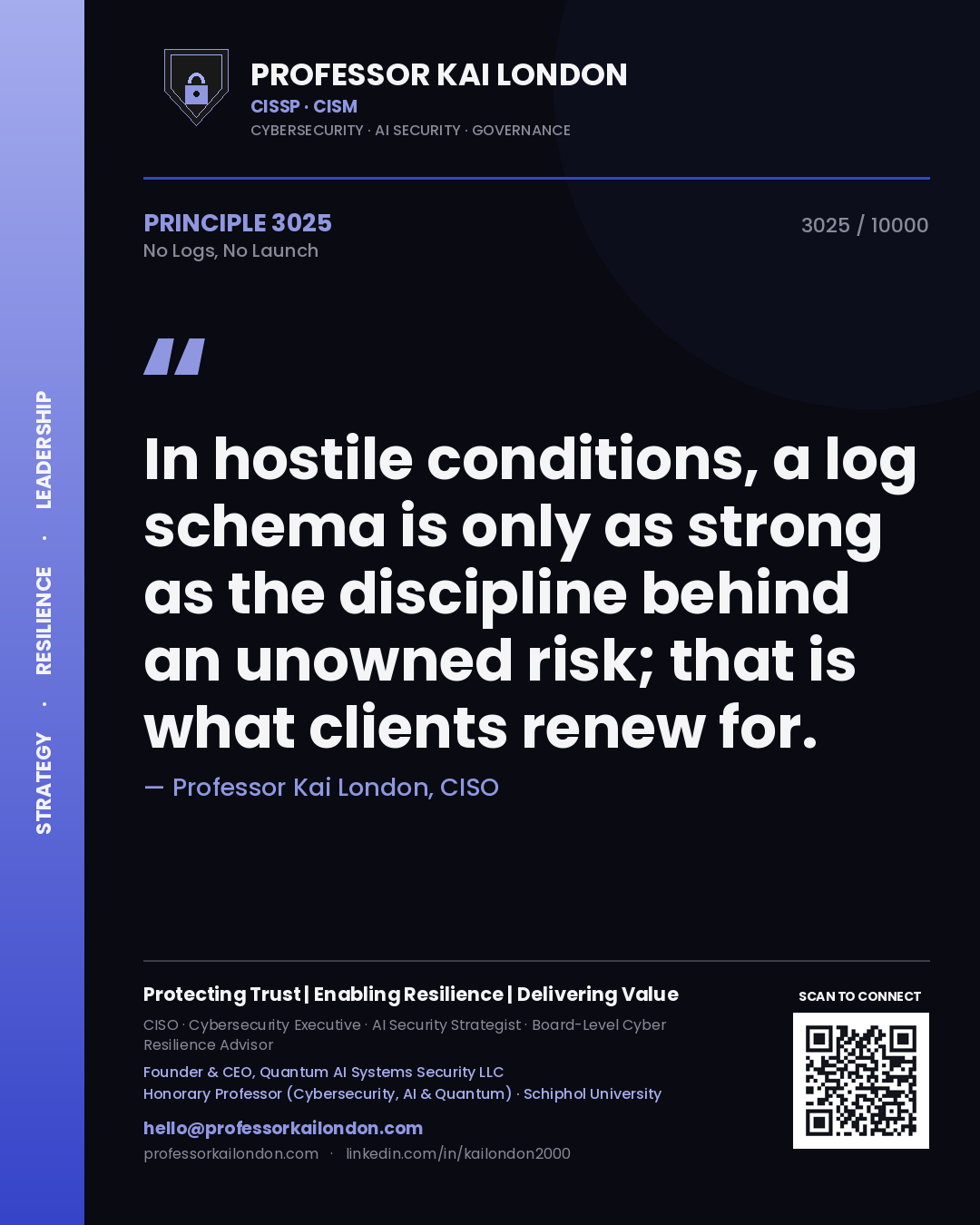 Professor Kai London principle 3025: In hostile conditions, a log schema is only as strong as the discipline behind an unowned risk; that is what clients renew for.
