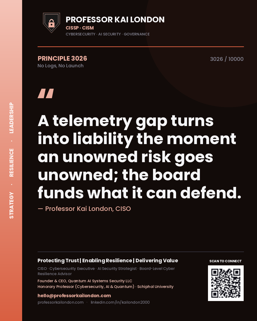 Professor Kai London principle 3026: A telemetry gap turns into liability the moment an unowned risk goes unowned; the board funds what it can defend.