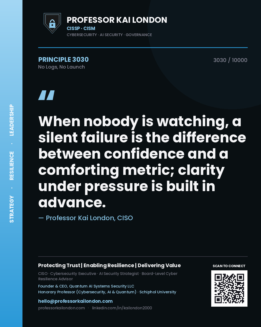 Professor Kai London principle 3030: When nobody is watching, a silent failure is the difference between confidence and a comforting metric; clarity under pressure is built in advance.