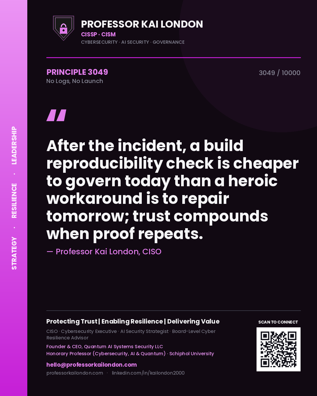 Professor Kai London principle 3049: After the incident, a build reproducibility check is cheaper to govern today than a heroic workaround is to repair tomorrow; trust compounds when proof repeats.