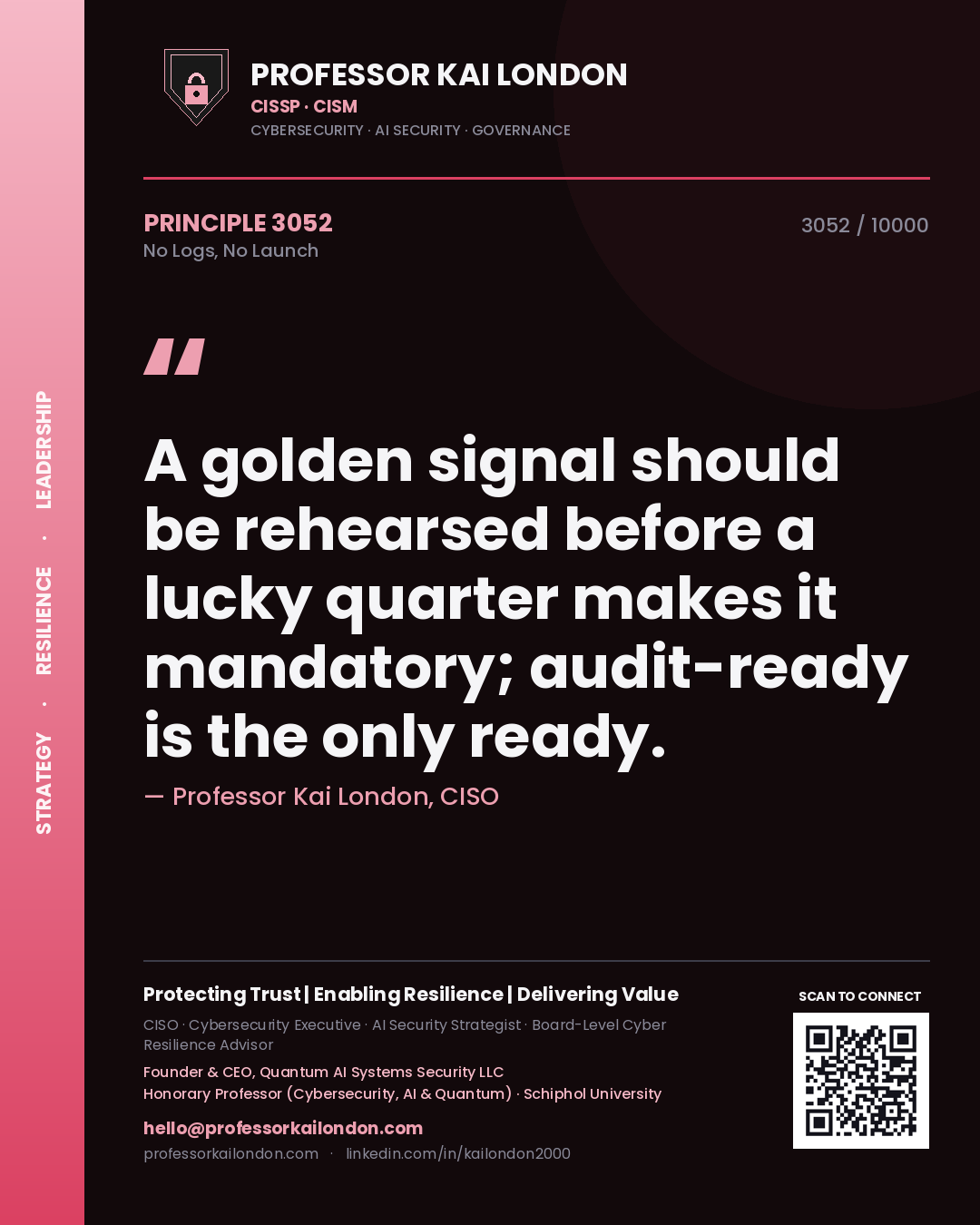 Professor Kai London principle 3052: A golden signal should be rehearsed before a lucky quarter makes it mandatory; audit-ready is the only ready.