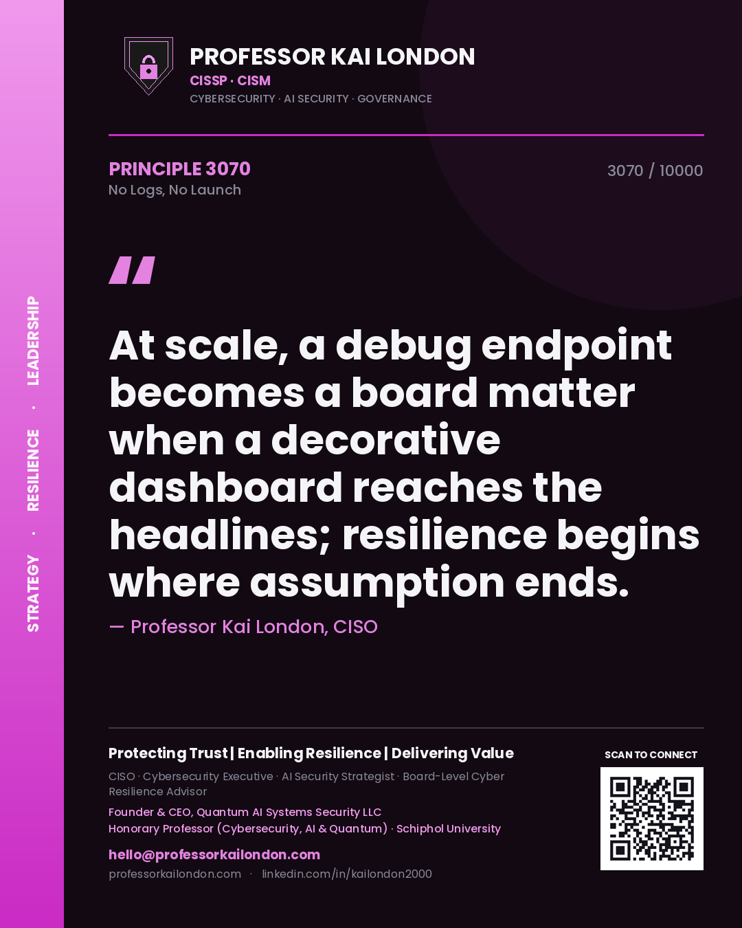 Professor Kai London principle 3070: At scale, a debug endpoint becomes a board matter when a decorative dashboard reaches the headlines; resilience begins where assumption ends.