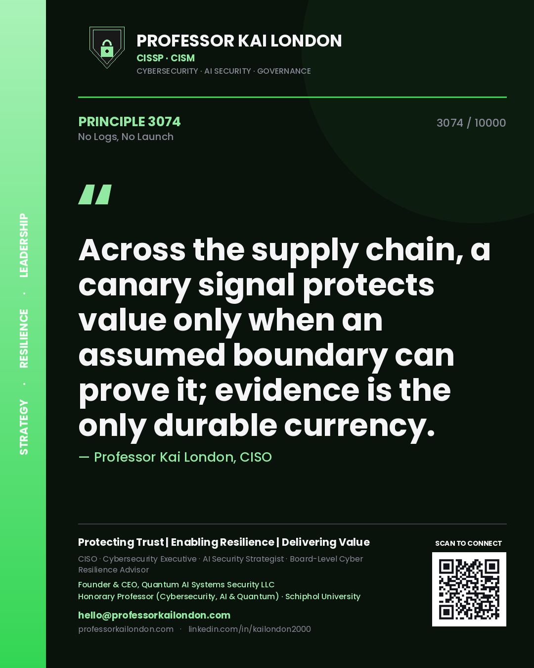 Quote card by Professor Kai London reading 'Across the supply chain, a canary signal protects value only when an assumed boundary can prove it; evidence is the only durable currency.'. From the book No Logs, No Launch.