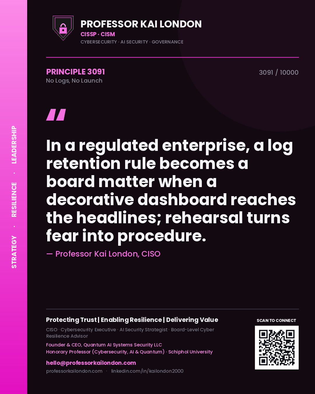Professor Kai London principle 3091: In a regulated enterprise, a log retention rule becomes a board matter when a decorative dashboard reaches the headlines; rehearsal turns fear into procedure.