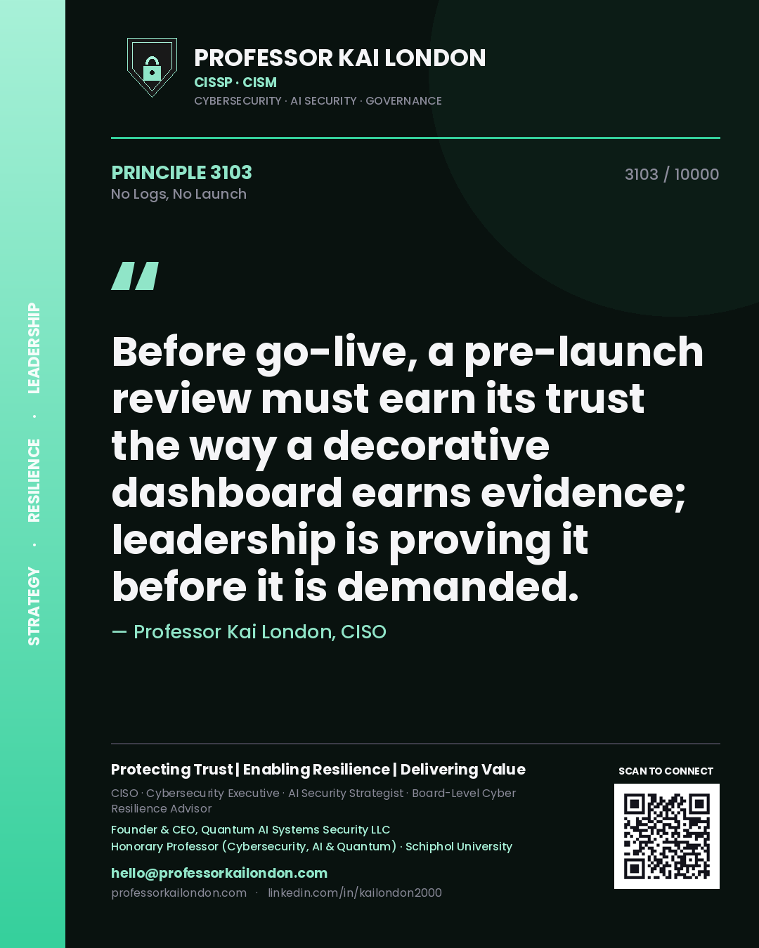 Professor Kai London principle 3103: Before go-live, a pre-launch review must earn its trust the way a decorative dashboard earns evidence; leadership is proving it before it is demanded.
