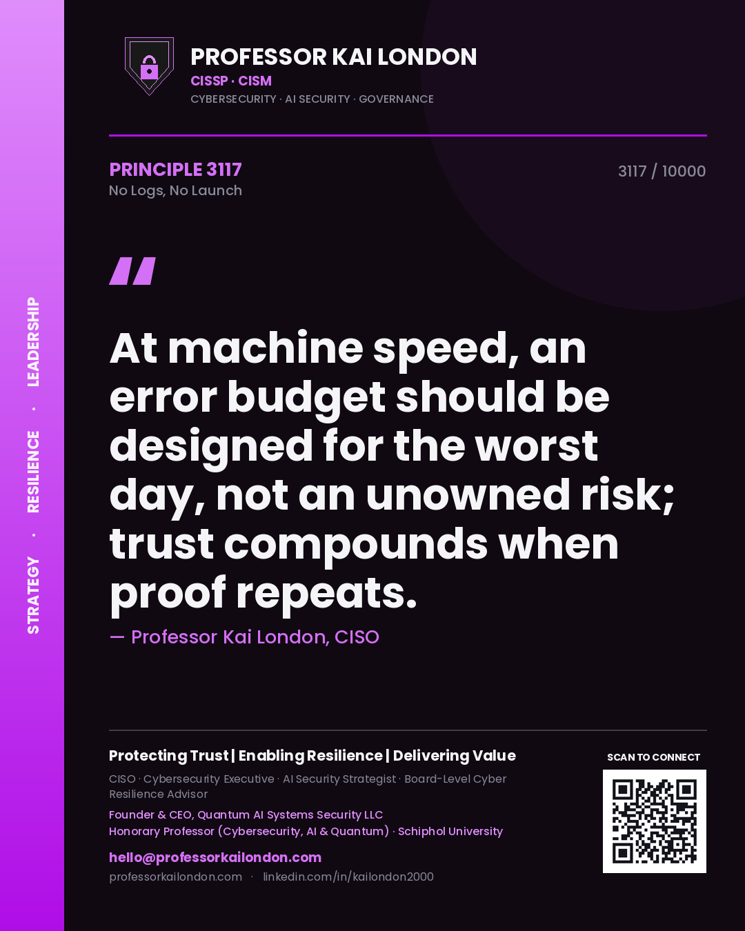 Professor Kai London principle 3117: At machine speed, an error budget should be designed for the worst day, not an unowned risk; trust compounds when proof repeats.