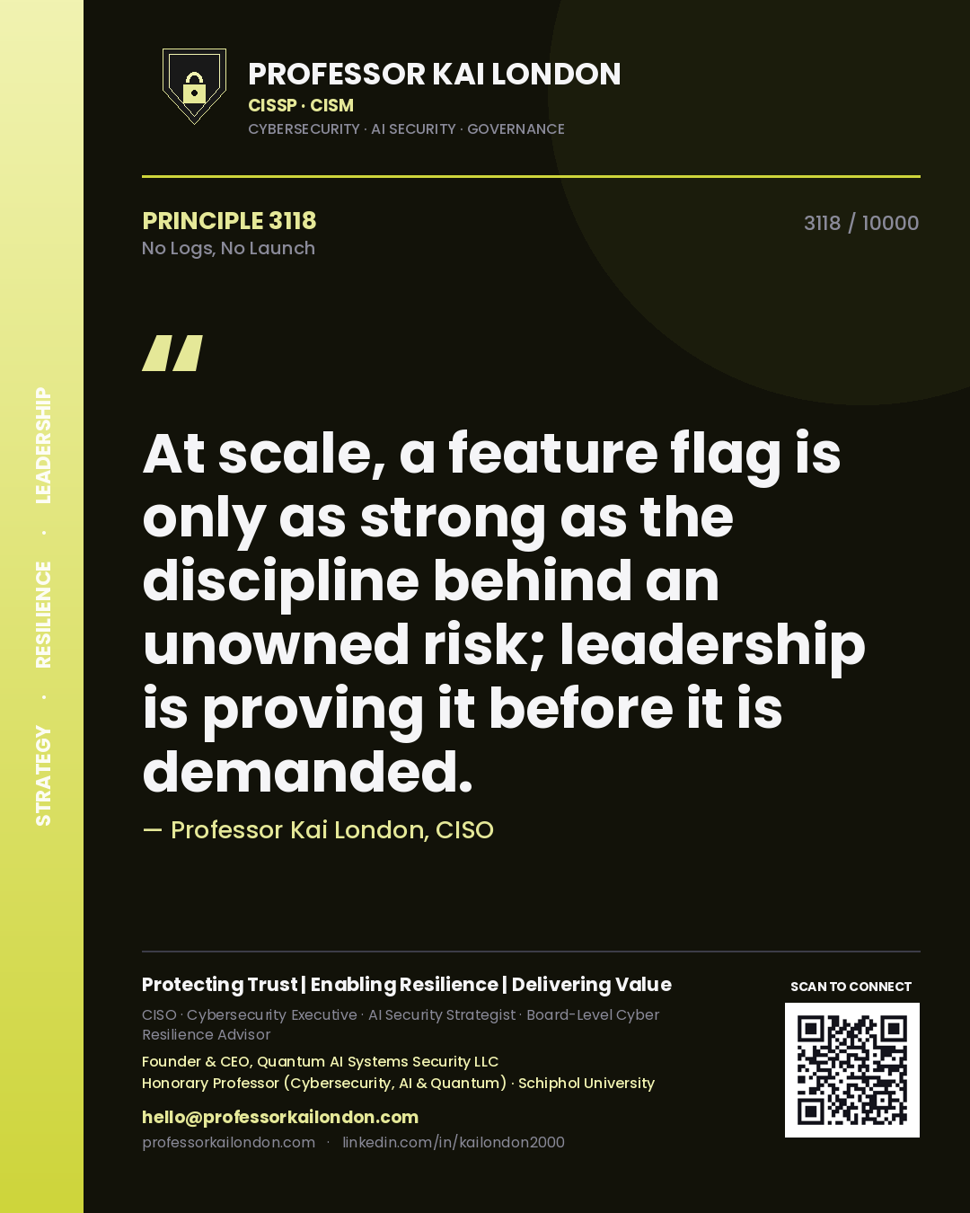 Professor Kai London principle 3118: At scale, a feature flag is only as strong as the discipline behind an unowned risk; leadership is proving it before it is demanded.