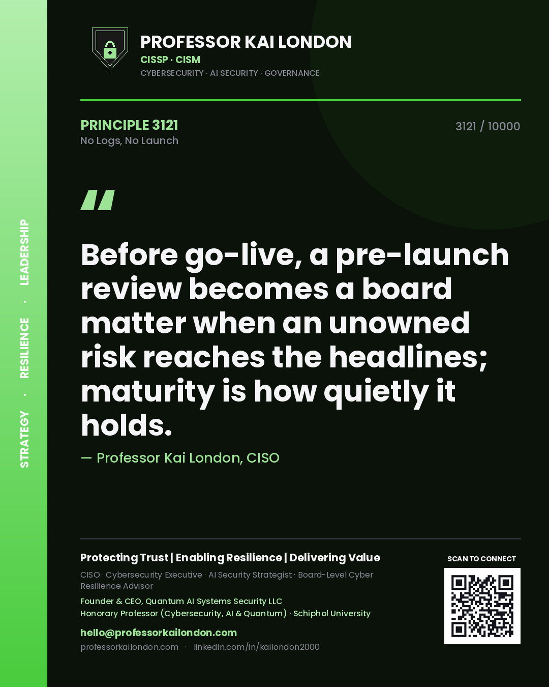 Professor Kai London principle 3121: Before go-live, a pre-launch review becomes a board matter when an unowned risk reaches the headlines; maturity is how quietly it holds.