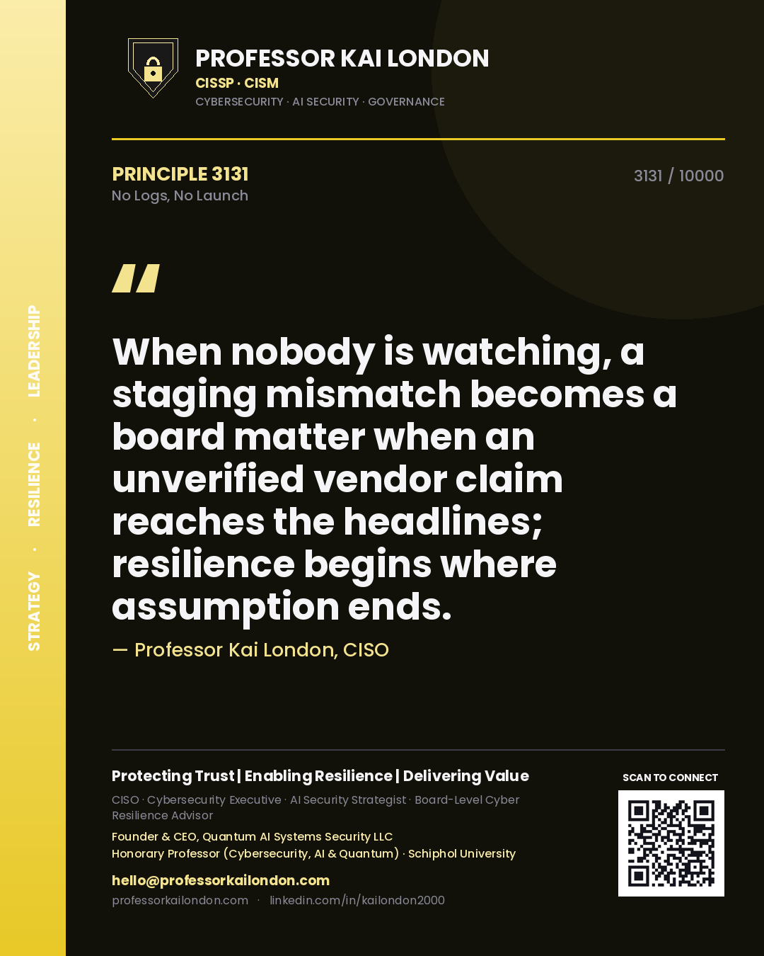 Professor Kai London principle 3131: When nobody is watching, a staging mismatch becomes a board matter when an unverified vendor claim reaches the headlines; resilience begins where assumption ends.
