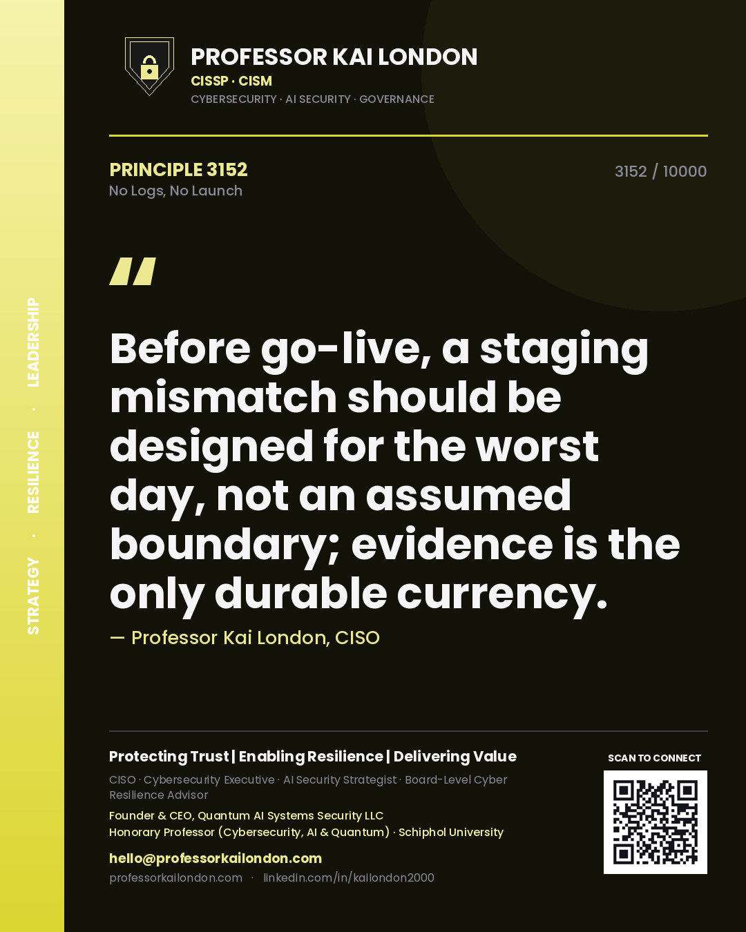 Quote card by Professor Kai London reading 'Before go-live, a staging mismatch should be designed for the worst day, not an assumed boundary; evidence is the only durable currency.'. From the book No Logs, No Launch.