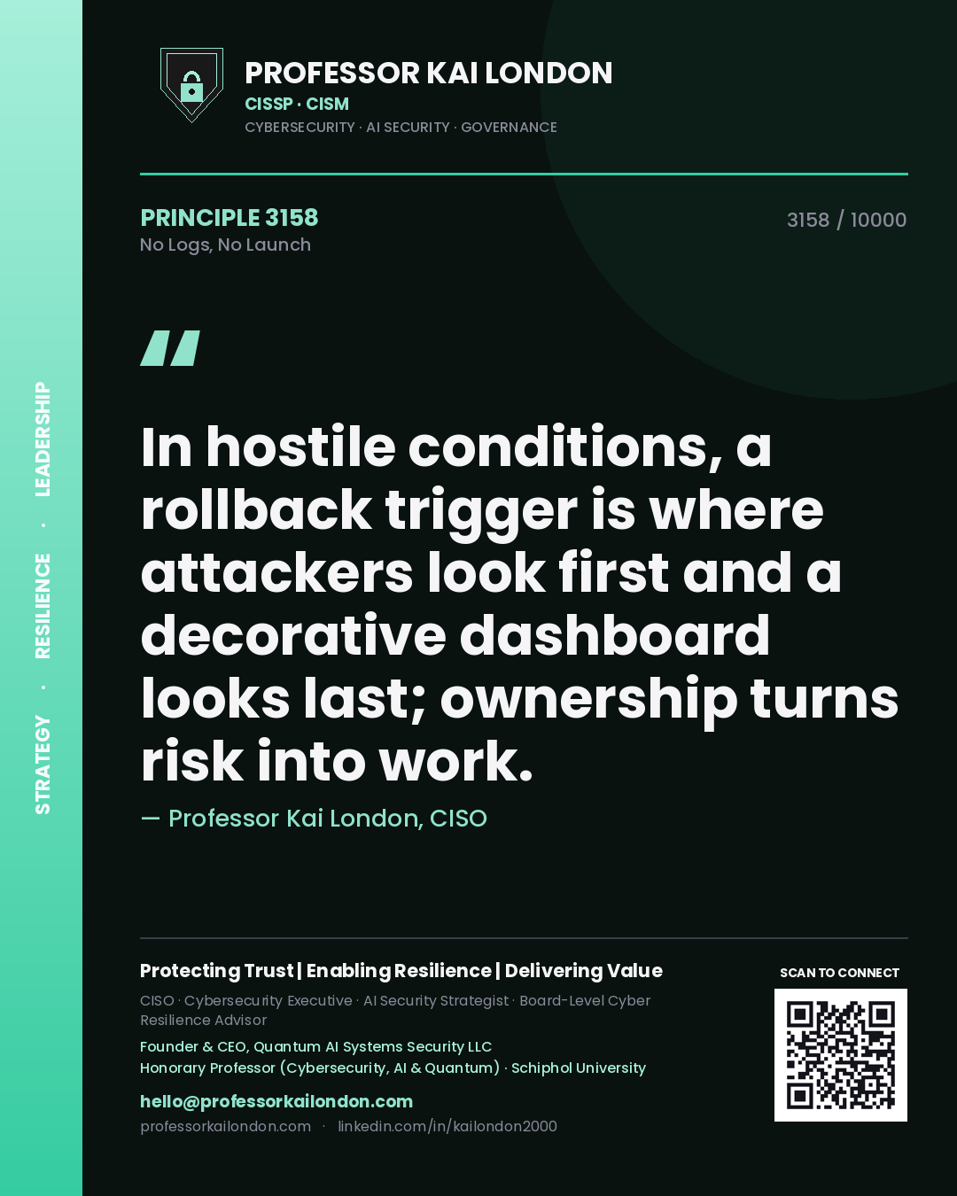 Professor Kai London principle 3158: In hostile conditions, a rollback trigger is where attackers look first and a decorative dashboard looks last; ownership turns risk into work.