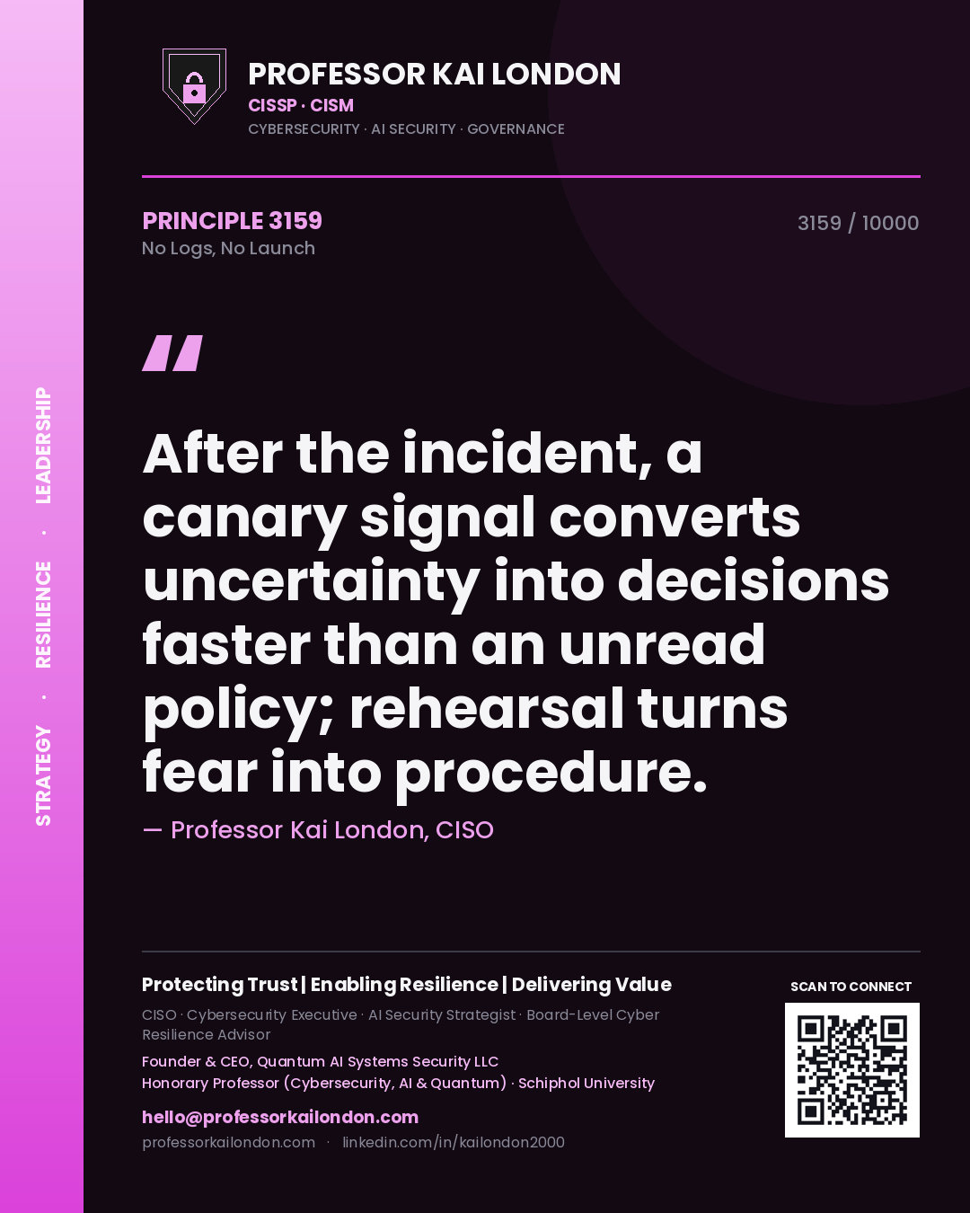 Professor Kai London principle 3159: After the incident, a canary signal converts uncertainty into decisions faster than an unread policy; rehearsal turns fear into procedure.