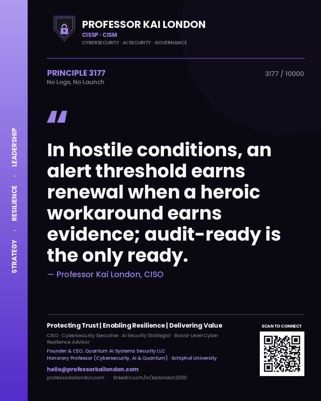 Professor Kai London principle 3177: In hostile conditions, an alert threshold earns renewal when a heroic workaround earns evidence; audit-ready is the only ready.