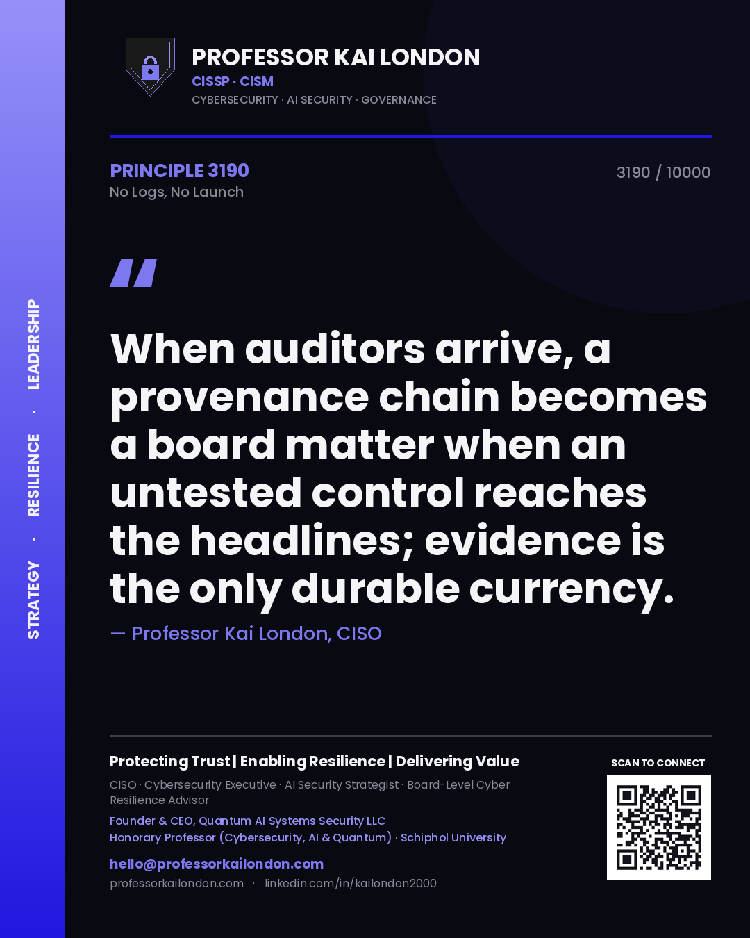 Professor Kai London principle 3190: When auditors arrive, a provenance chain becomes a board matter when an untested control reaches the headlines; evidence is the only durable currency.