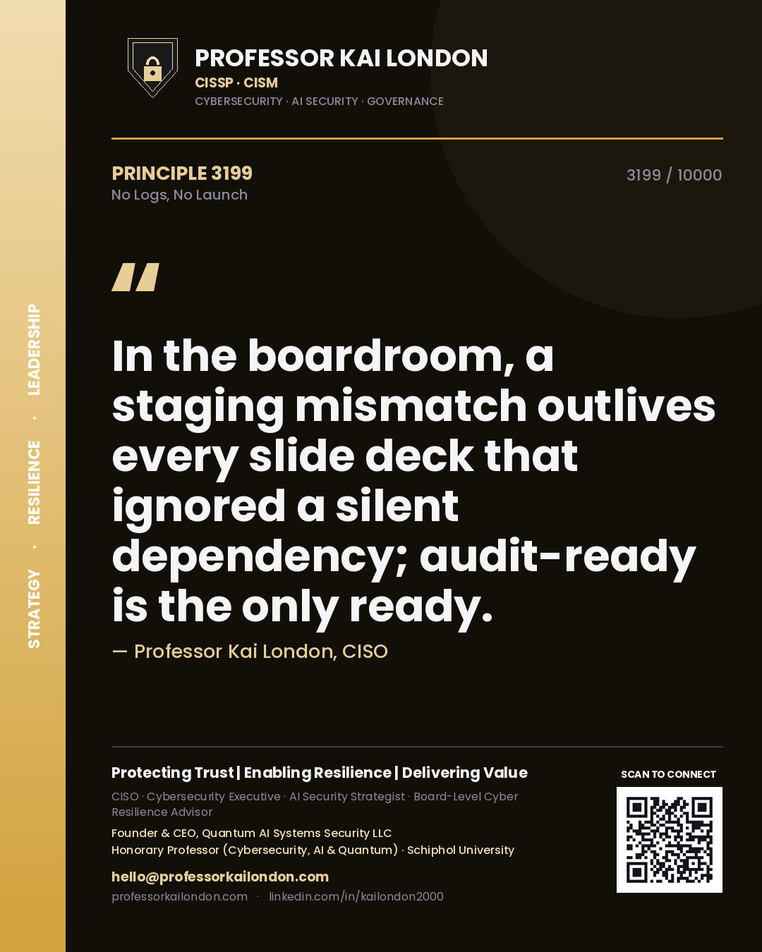 Professor Kai London principle 3199: In the boardroom, a staging mismatch outlives every slide deck that ignored a silent dependency; audit-ready is the only ready.