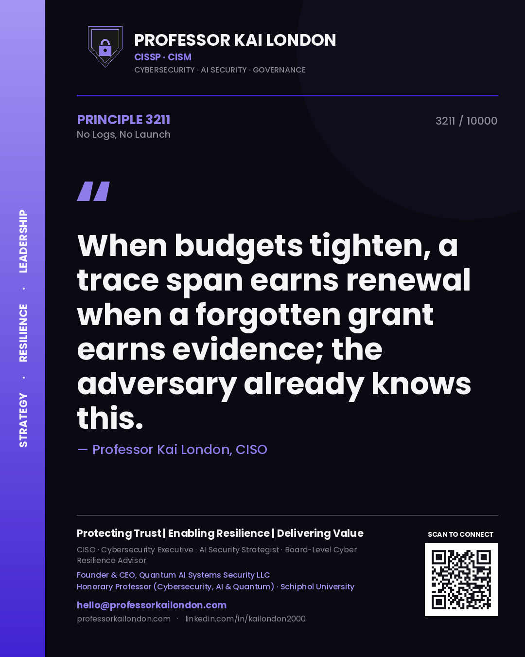 Professor Kai London principle 3211: When budgets tighten, a trace span earns renewal when a forgotten grant earns evidence; the adversary already knows this.