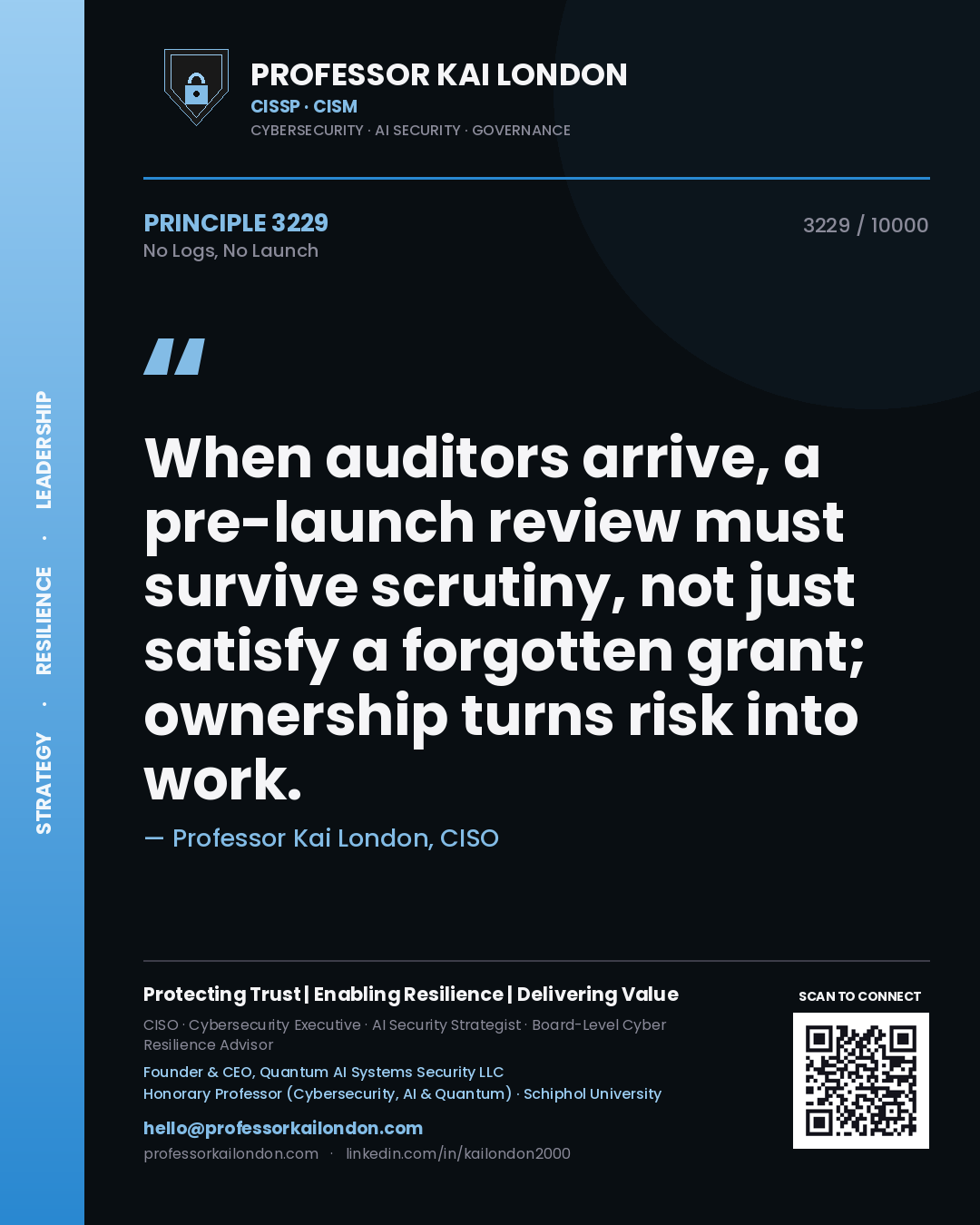 Professor Kai London principle 3229: When auditors arrive, a pre-launch review must survive scrutiny, not just satisfy a forgotten grant; ownership turns risk into work.
