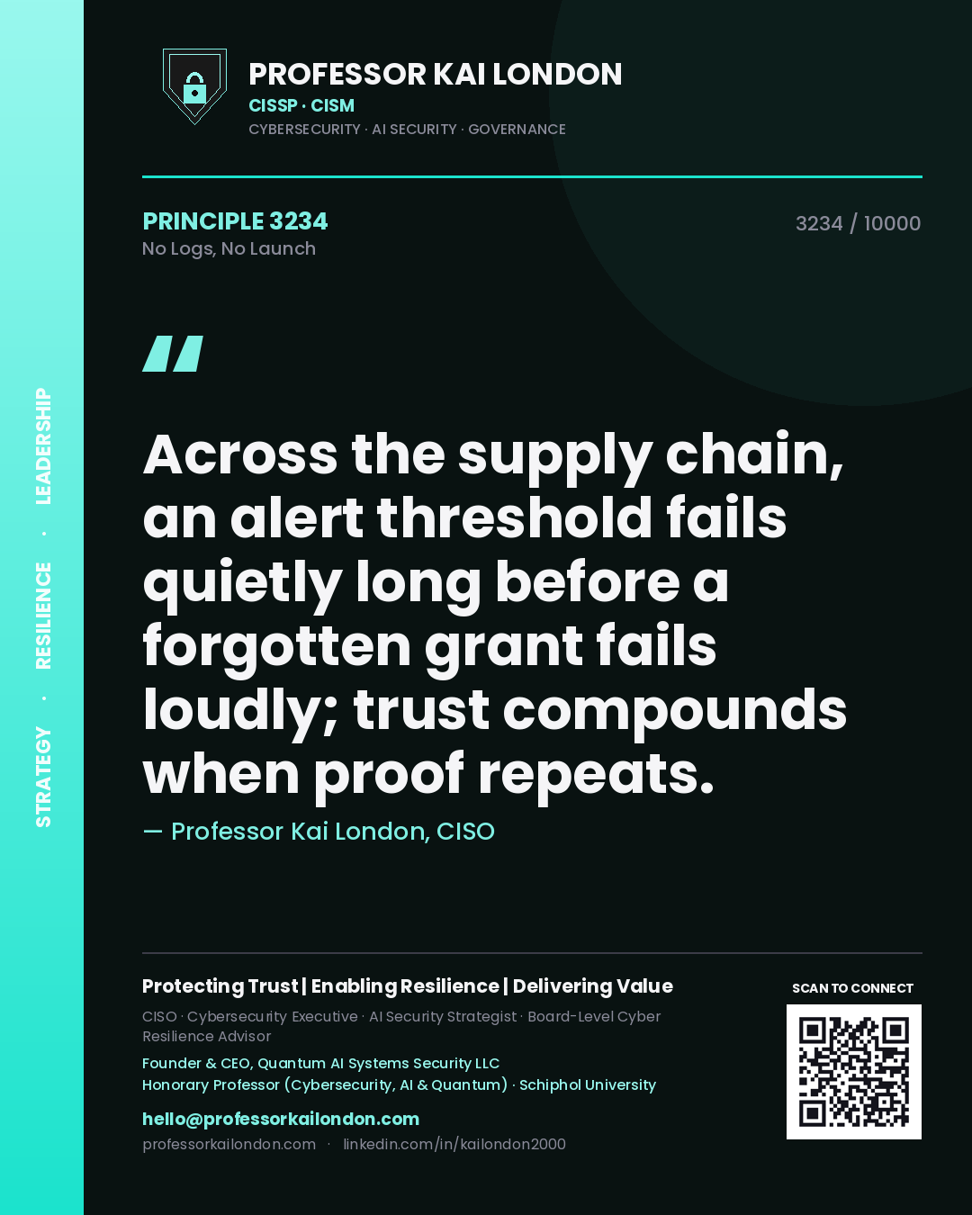 Quote card by Professor Kai London reading 'Across the supply chain, an alert threshold fails quietly long before a forgotten grant fails loudly; trust compounds when proof repeats.'. From the book No Logs, No Launch.
