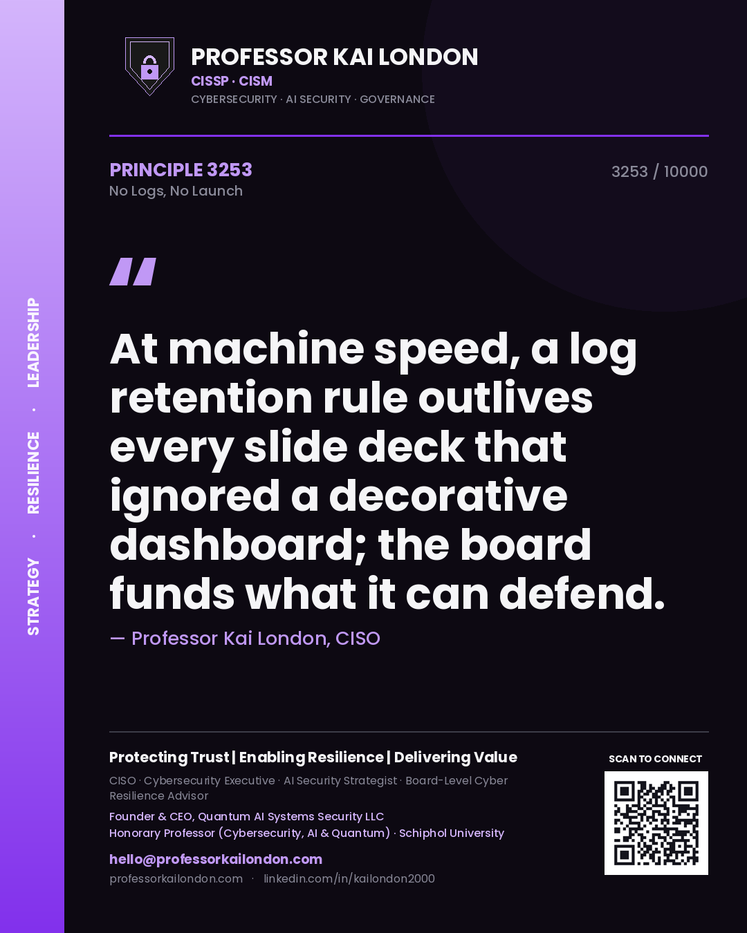 Quote card by Professor Kai London reading 'At machine speed, a log retention rule outlives every slide deck that ignored a decorative dashboard; the board funds what it can defend.'. From the book No Logs, No Launch.