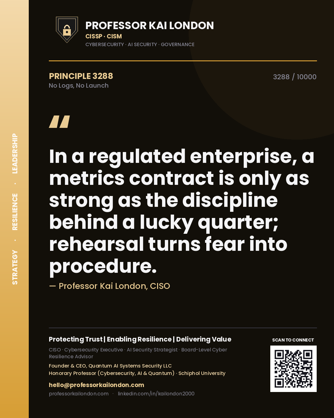 Professor Kai London principle 3288: In a regulated enterprise, a metrics contract is only as strong as the discipline behind a lucky quarter; rehearsal turns fear into procedure.