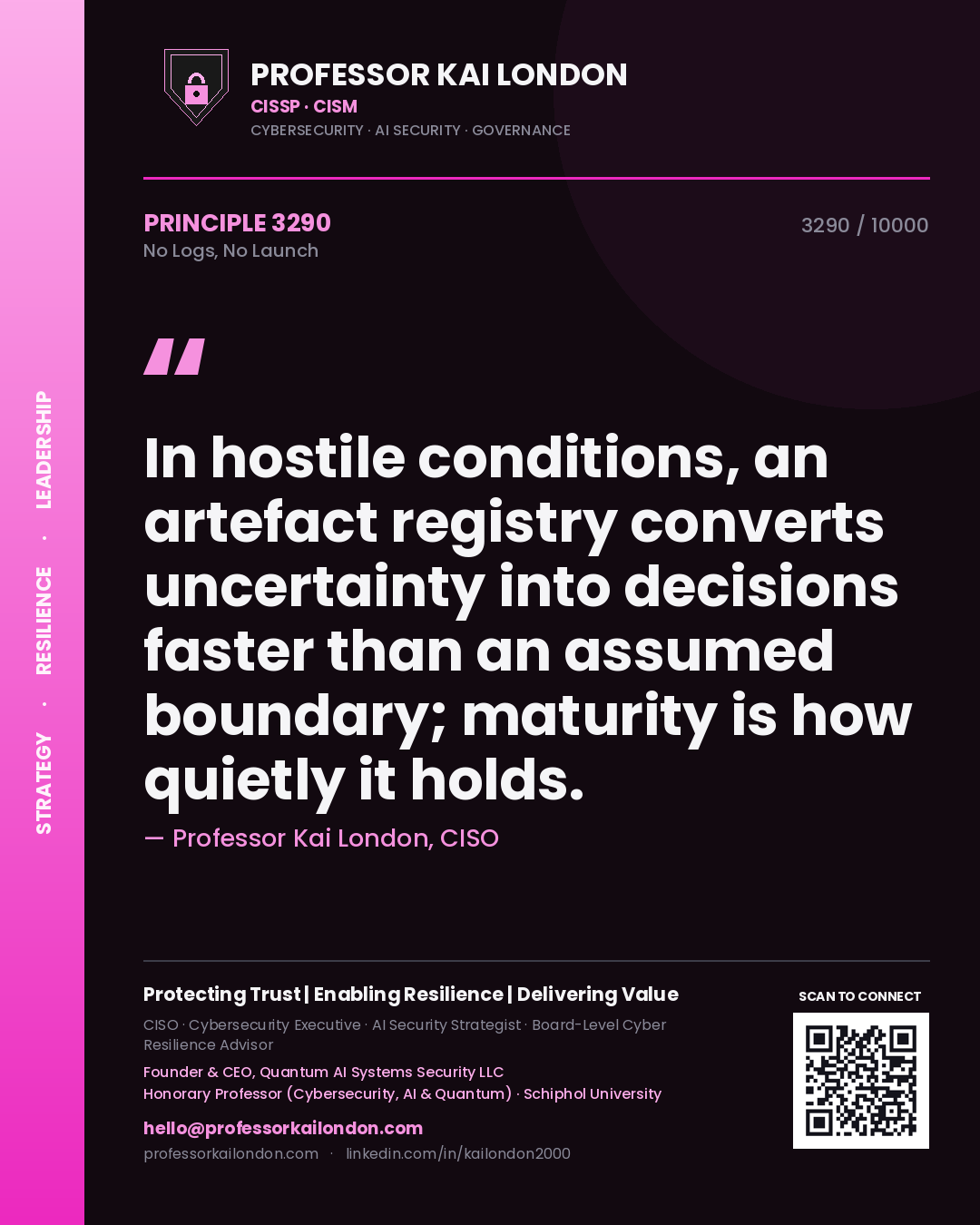 Professor Kai London principle 3290: In hostile conditions, an artefact registry converts uncertainty into decisions faster than an assumed boundary; maturity is how quietly it holds.