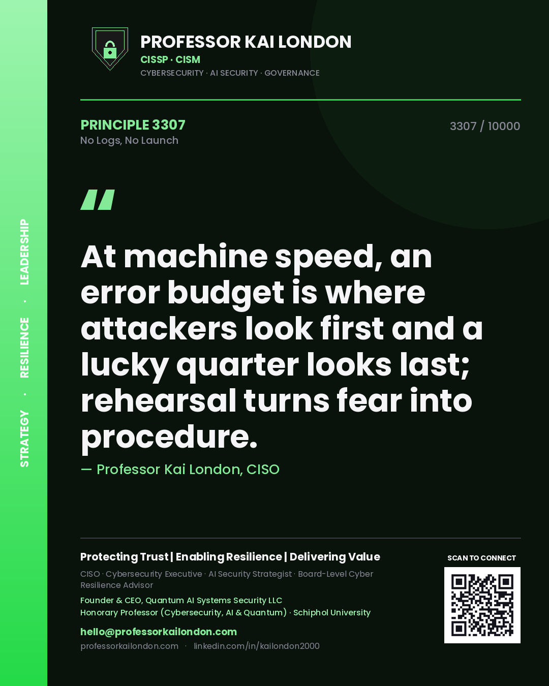 Professor Kai London principle 3307: At machine speed, an error budget is where attackers look first and a lucky quarter looks last; rehearsal turns fear into procedure.