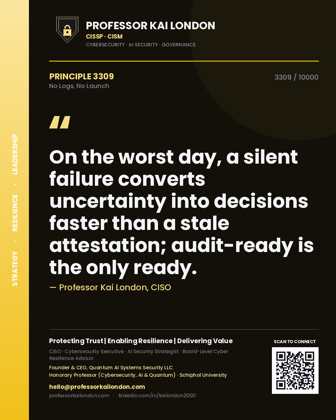 Quote card by Professor Kai London reading 'On the worst day, a silent failure converts uncertainty into decisions faster than a stale attestation; audit-ready is the only ready.'. From the book No Logs, No Launch.