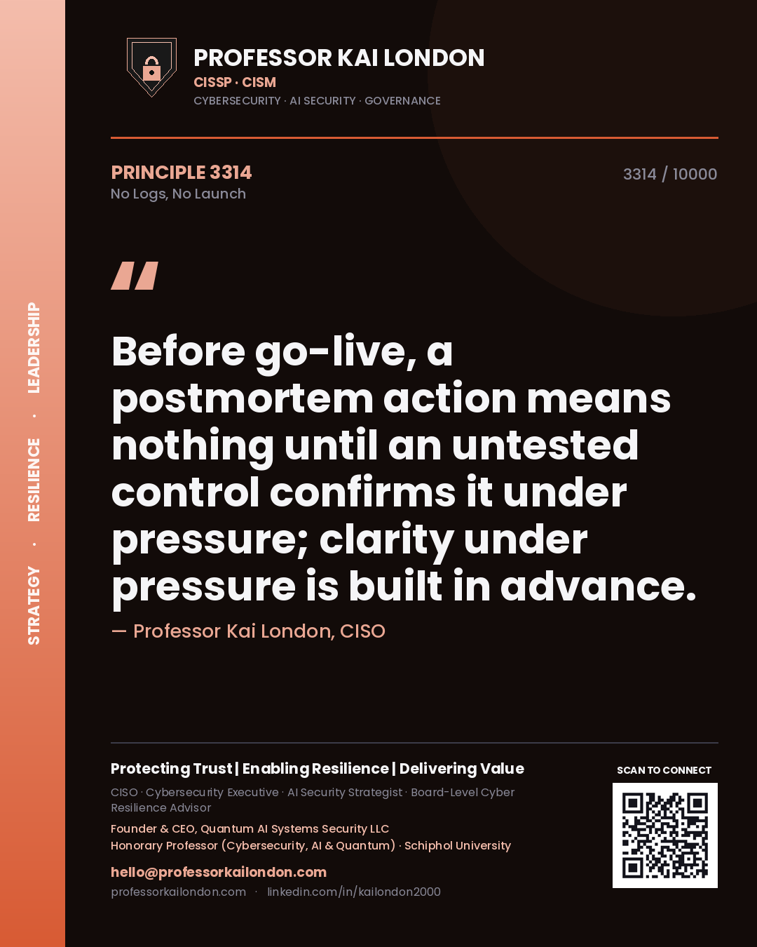 Professor Kai London principle 3314: Before go-live, a postmortem action means nothing until an untested control confirms it under pressure; clarity under pressure is built in advance.