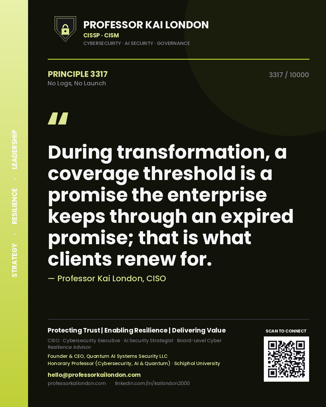Professor Kai London principle 3317: During transformation, a coverage threshold is a promise the enterprise keeps through an expired promise; that is what clients renew for.